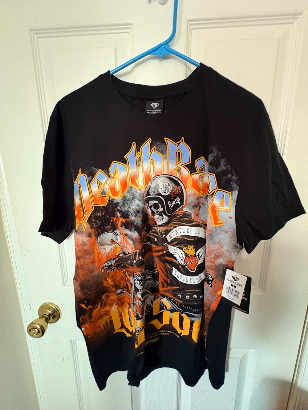 State of Crew Black Graphic Men’s Motorcycle Tee with Orange Accents
